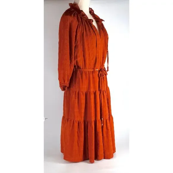 Calvin Klein Boho Cottagecore Prairie Ruffle Dress Beachy Sz 8 Burnt Orange - Picture 4 of 8
